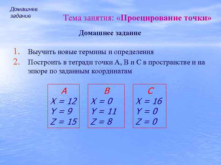 Домашнее задание Тема занятия: «Проецирование точки» Домашнее задание 1. Выучить новые термины и определения