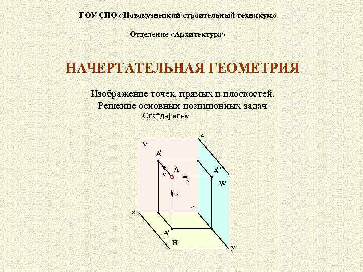 ГОУ СПО «Новокузнецкий строительный техникум» Отделение «Архитектура» НАЧЕРТАТЕЛЬНАЯ ГЕОМЕТРИЯ Изображение точек, прямых и плоскостей.