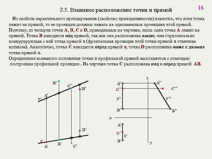 2. 5. Взаимное расположение точки и прямой 16 Из свойств параллельного проецирования (свойство принадлежности)