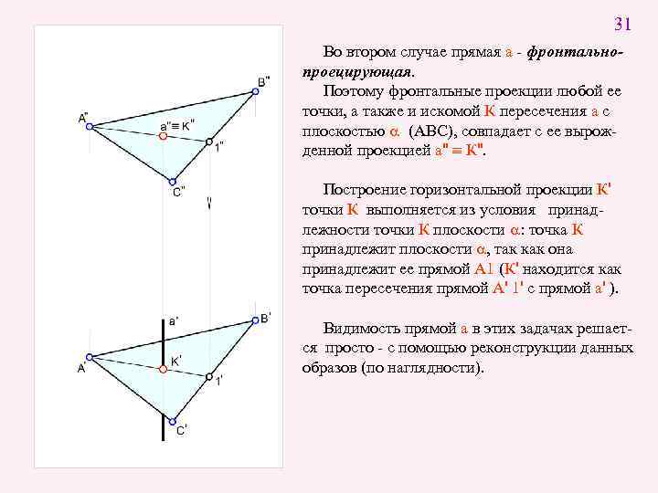 31 Во втором случае прямая а - фронтальнопроецирующая. Поэтому фронтальные проекции любой ее точки,