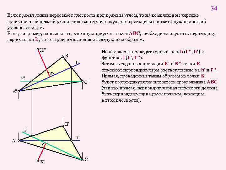 34 Если прямая линия пересекает плоскость под прямым углом, то на комплексном чертеже проекции