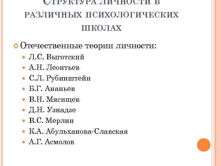 СТРУКТУРА ЛИЧНОСТИ В РАЗЛИЧНЫХ ПСИХОЛОГИЧЕСКИХ ШКОЛАХ Отечественные теории личности: Л. С. Выготский А. Н.