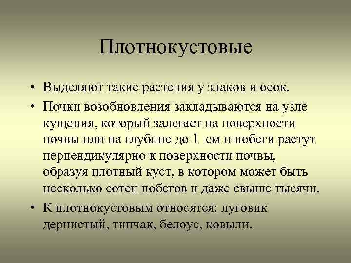 Плотнокустовые • Выделяют такие растения у злаков и осок. • Почки возобновления закладываются на