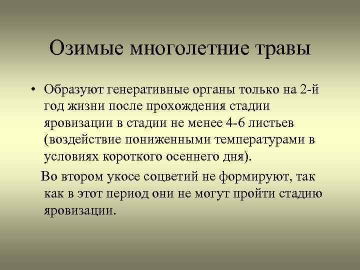 Озимые многолетние травы • Образуют генеративные органы только на 2 -й год жизни после