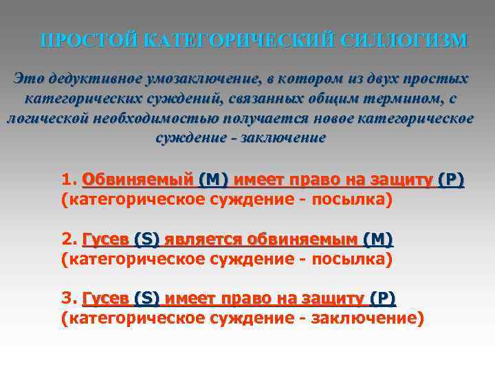 ПРОСТОЙ КАТЕГОРИЧЕСКИЙ СИЛЛОГИЗМ Это дедуктивное умозаключение, в котором из двух простых категорических суждений, связанных
