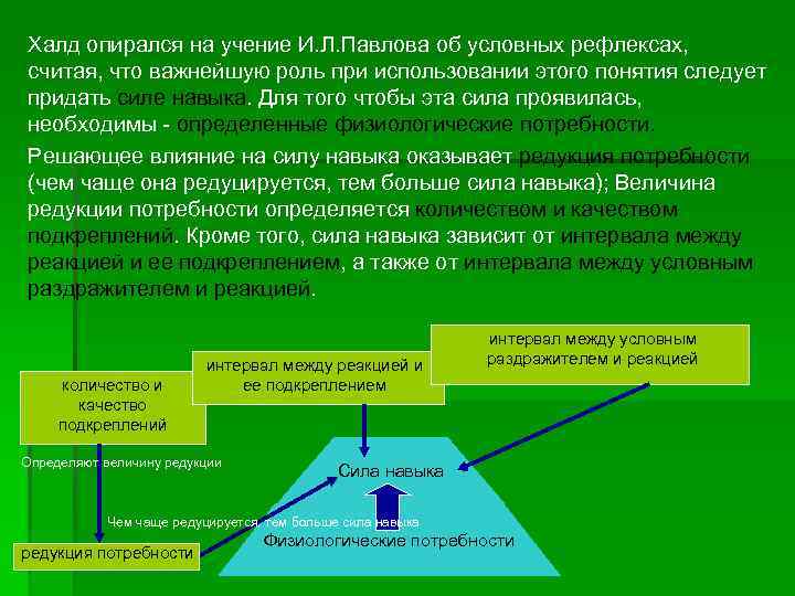 Халд опирался на учение И. Л. Павлова об условных рефлексах, считая, что важнейшую роль