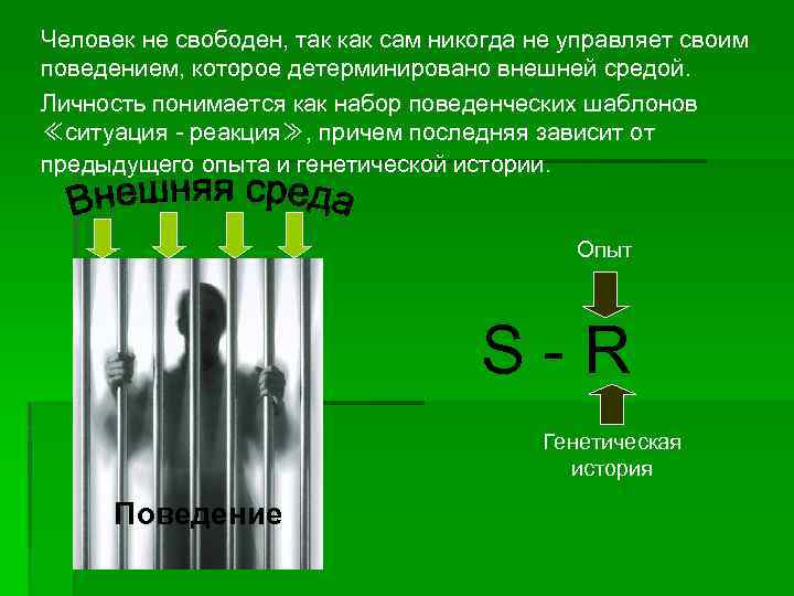 Человек не свободен, так как сам никогда не управляет своим поведением, которое детерминировано внешней