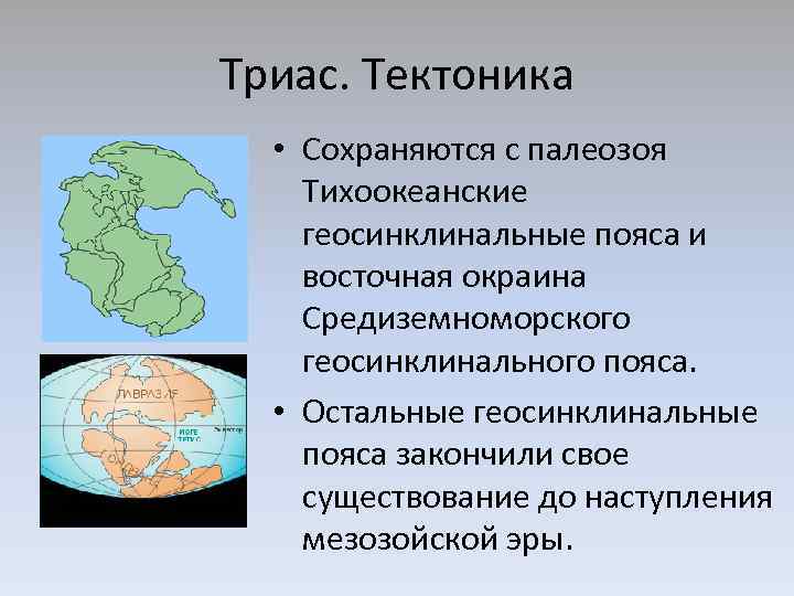 Триас. Тектоника • Сохраняются с палеозоя Тихоокеанские геосинклинальные пояса и восточная окраина Средиземноморского геосинклинального