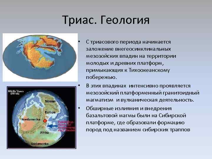 Триас. Геология • С триасового периода начинается заложение внегеосинклинальных мезозойских впадин на территории молодых