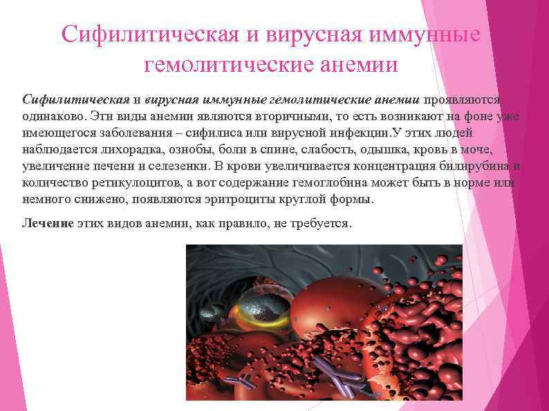 Сифилитическая и вирусная иммунные гемолитические анемии проявляются одинаково. Эти виды анемии являются вторичными, то