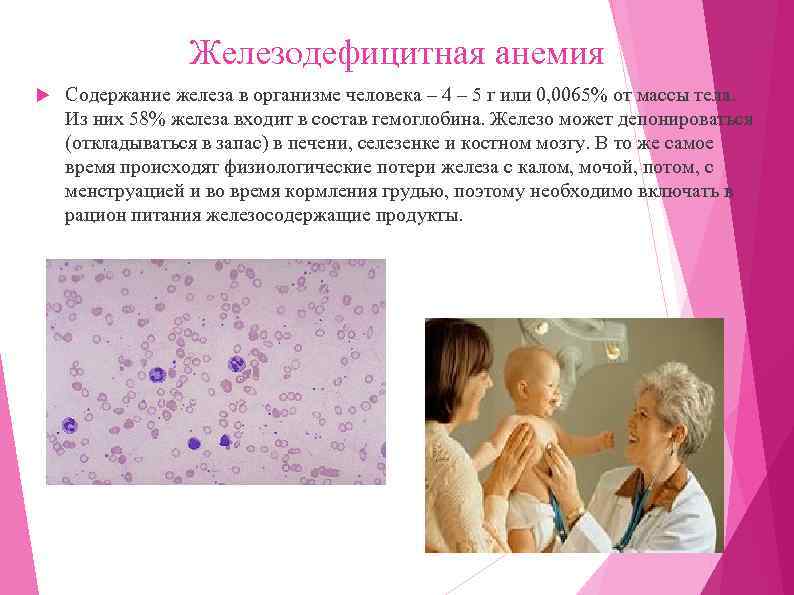 Железодефицитная анемия Содержание железа в организме человека – 4 – 5 г или 0,