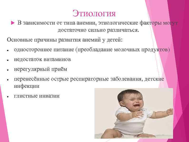 Этиология В зависимости от типа анемии, этиологические факторы могут достаточно сильно различаться. Основные причины
