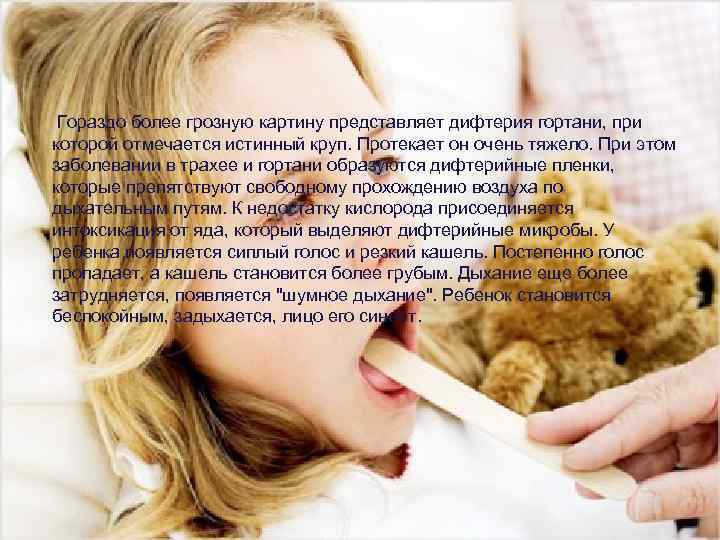 Гораздо более грозную картину представляет дифтерия гортани, при которой отмечается истинный круп. Протекает он