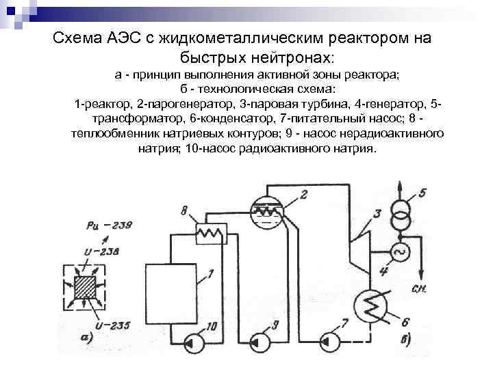 Схема АЭС с жидкометаллическим реактором на быстрых нейтронах: а - принцип выполнения активной зоны