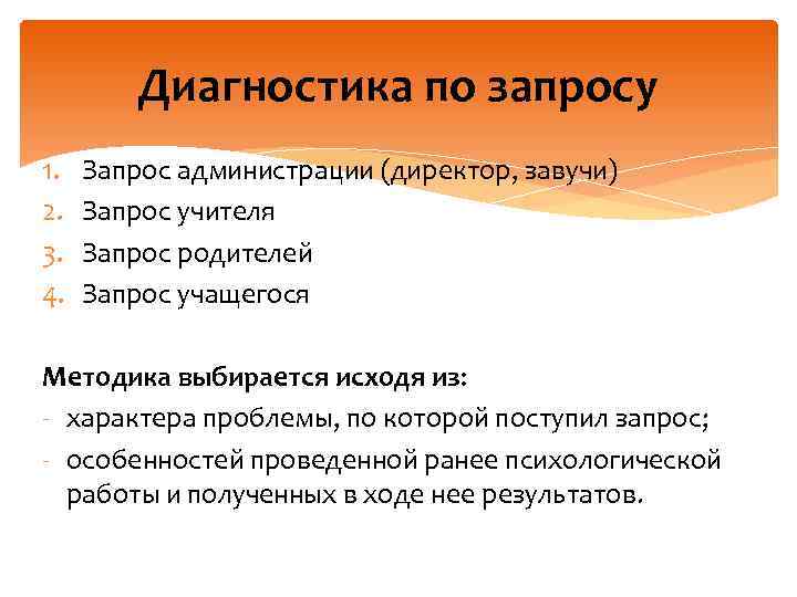 Диагностика по запросу 1. 2. 3. 4. Запрос администрации (директор, завучи) Запрос учителя Запрос