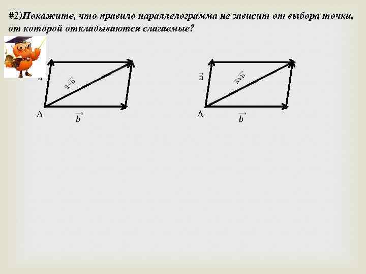 #2)Покажите, что правило параллелограмма не зависит от выбора точки, от которой откладываются слагаемые? A