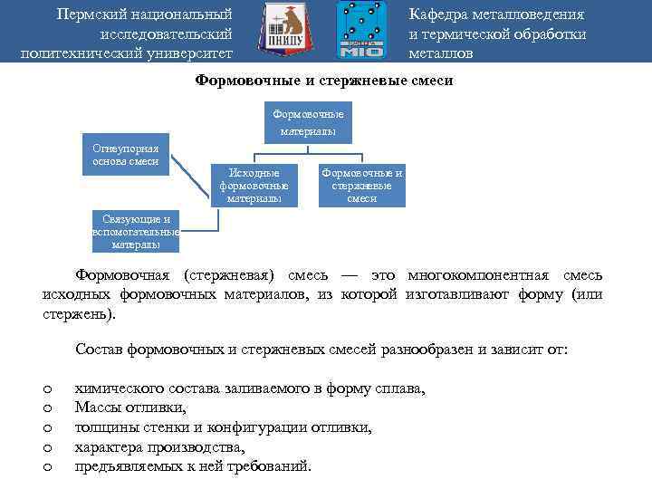 Пермский национальный исследовательский политехнический университет Кафедра металловедения и термической обработки металлов Формовочные и стержневые