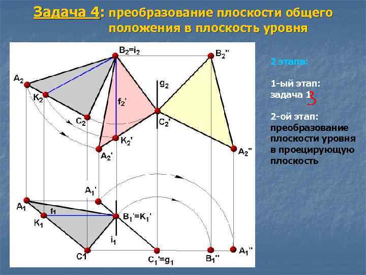 Задача 4: преобразование плоскости общего положения в плоскость уровня 2 этапа: 1 -ый этап: