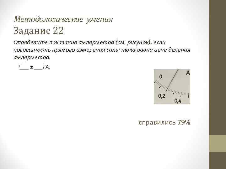 Методологические умения Задание 22 Определите показания амперметра (см. рисунок), если погрешность прямого измерения силы