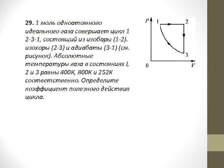 29. 1 моль одноатомного идеального газа совершает цикл 1 2 -3 -1, состоящий из