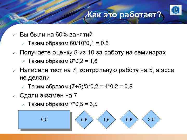 Как это работает? Вы были на 60% занятий Получаете оценку 8 из 10 за