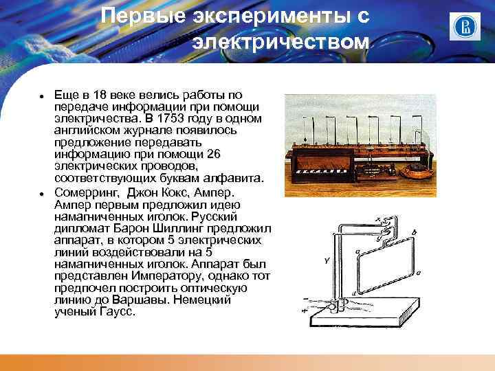 Первые эксперименты с электричеством Еще в 18 веке велись работы по передаче информации при