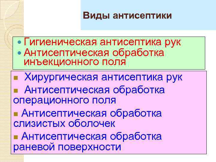 Виды антисептики Гигиеническая антисептика рук Антисептическая обработка инъекционного поля n Хирургическая антисептика рук n