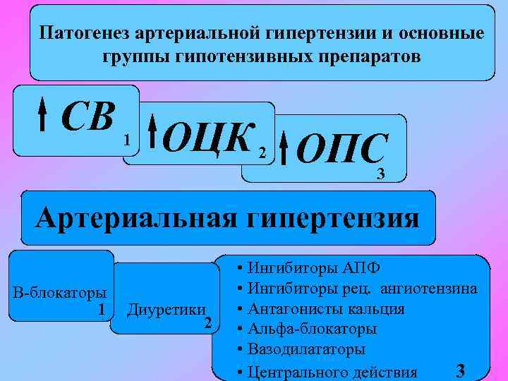 Патогенез артериальной гипертензии и основные группы гипотензивных препаратов СВ 1 ОЦК ОПС 2 3