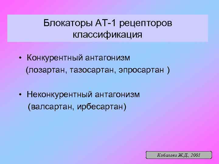 Блокаторы АТ-1 рецепторов классификация • Конкурентный антагонизм (лозартан, тазосартан, эпросартан ) • Неконкурентный антагонизм