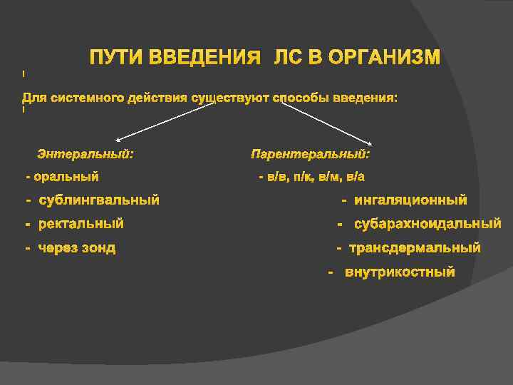 ПУТИ ВВЕДЕНИя ЛС В ОРГАНИЗМ Для системного действия существуют способы введения: Энтеральный: Парентеральный: -