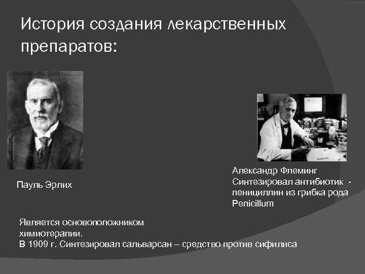 История создания лекарственных препаратов: Пауль Эрлих Александр Флеминг Синтезировал антибиотик пенициллин из грибка рода