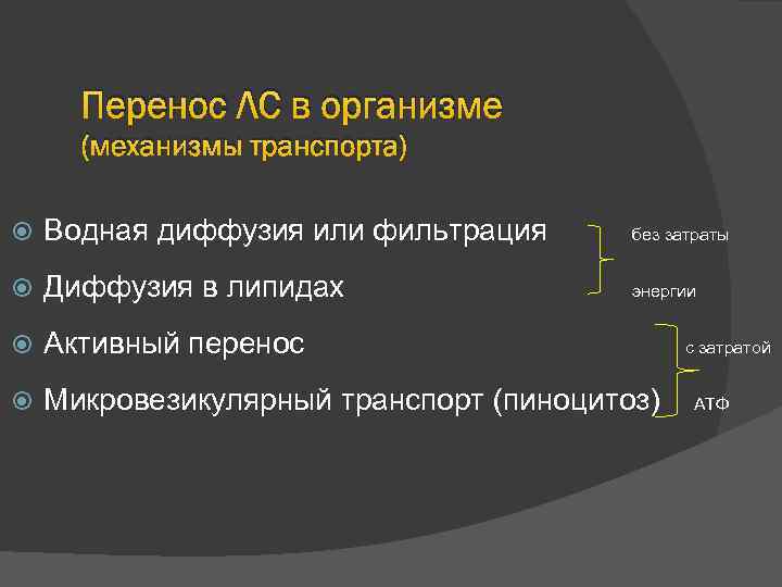 Перенос ЛС в организме (механизмы транспорта) Водная диффузия или фильтрация без затраты Диффузия в