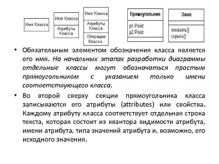  • Обязательным элементом обозначения класса является его имя. На начальных этапах разработки диаграммы
