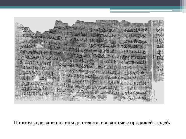 Папирус, где запечатлены два текста, связанные с продажей людей. 