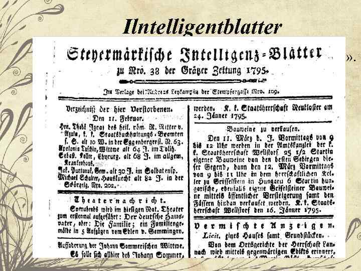 Ilntelligentblatter • «Ilntelligentblatter» — «информационные листы» . Германия (Франкфурте на Майне), 1722 г. —