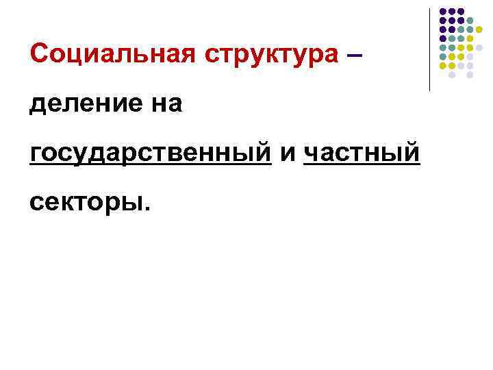 Социальная структура – деление на государственный и частный секторы. 