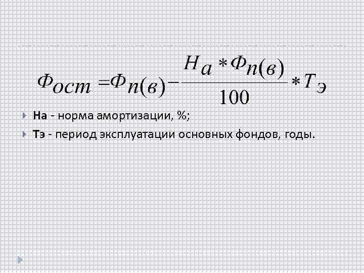  На - норма амортизации, %; Тэ - период эксплуатации основных фондов, годы. 