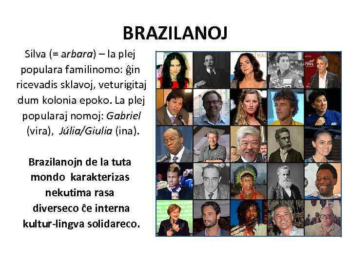 BRAZILANOJ Silva (= arbara) – la plej populara familinomo: ĝin ricevadis sklavoj, veturigitaj dum