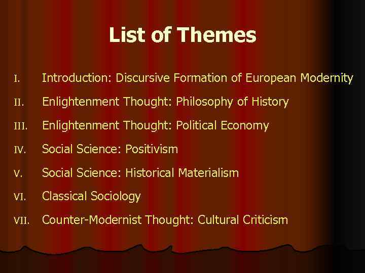List of Themes I. Introduction: Discursive Formation of European Modernity II. Enlightenment Thought: Philosophy