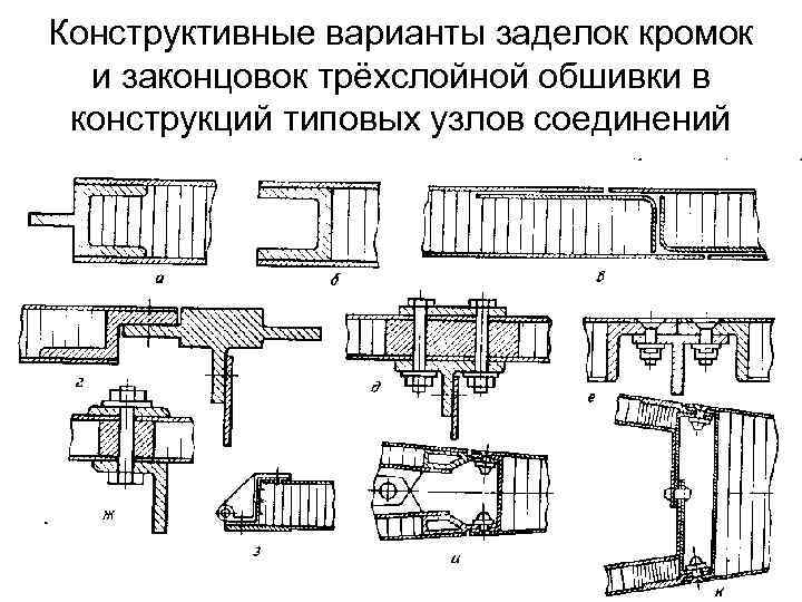 Конструктивные варианты заделок кромок и законцовок трёхслойной обшивки в конструкций типовых узлов соединений 