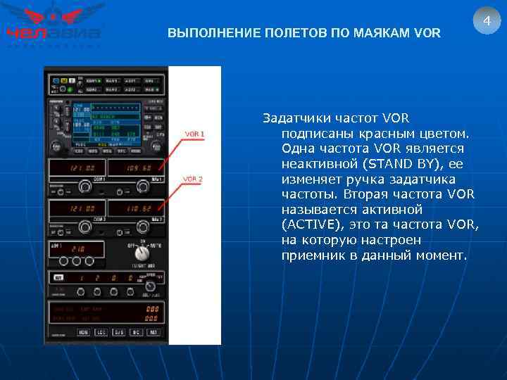 ВЫПОЛНЕНИЕ ПОЛЕТОВ ПО МАЯКАМ VOR 4 Задатчики частот VOR подписаны красным цветом. Одна частота