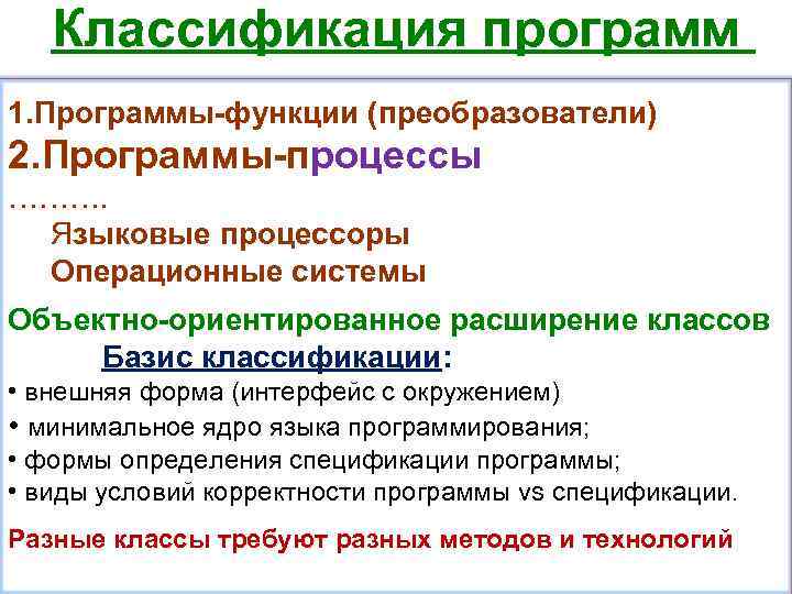 Классификация программ 1. Программы-функции (преобразователи) 2. Программы-процессы ………. Языковые процессоры Операционные системы Объектно-ориентированное расширение