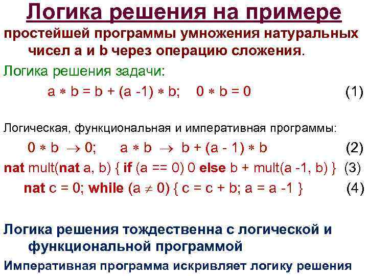 Логика решения на примере простейшей программы умножения натуральных чисел a и b через операцию