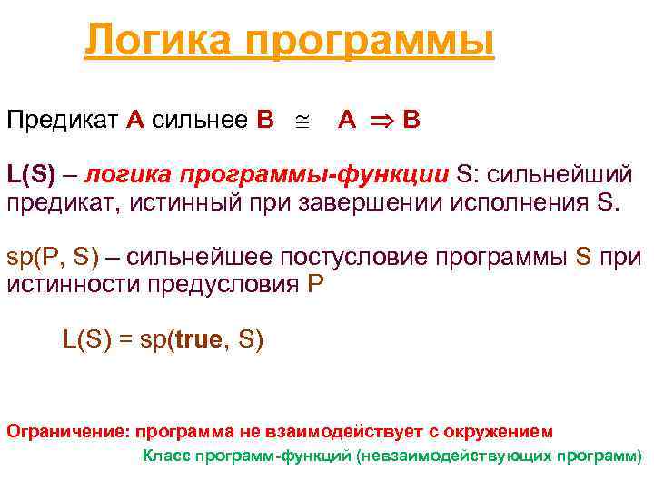  Логика программы Предикат A сильнее B A B L(S) – логика программы-функции S: