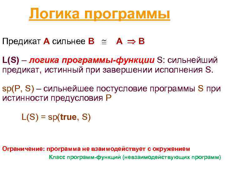  Логика программы Предикат A сильнее B A B L(S) – логика программы-функции S: