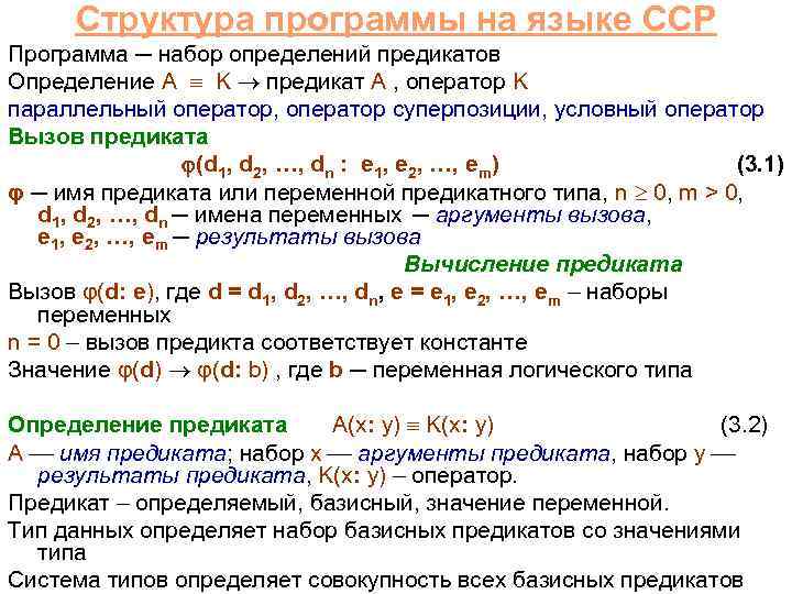 Структура программы на языке CCP Программа ─ набор определений предикатов Определение A K предикат