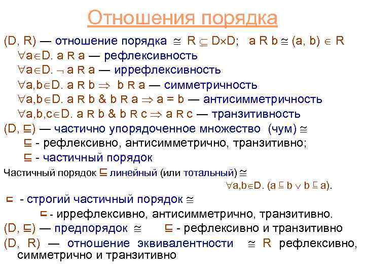 Отношения порядка (D, R) ― отношение порядка R D D; a R b (a,