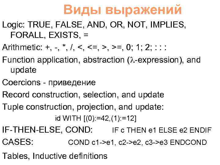 Виды выражений Logic: TRUE, FALSE, AND, OR, NOT, IMPLIES, FORALL, EXISTS, = Arithmetic: +,