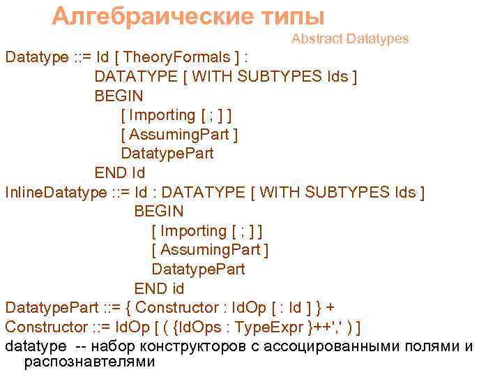 Алгебраические типы Abstract Datatypes Datatype : : = Id [ Theory. Formals ] :
