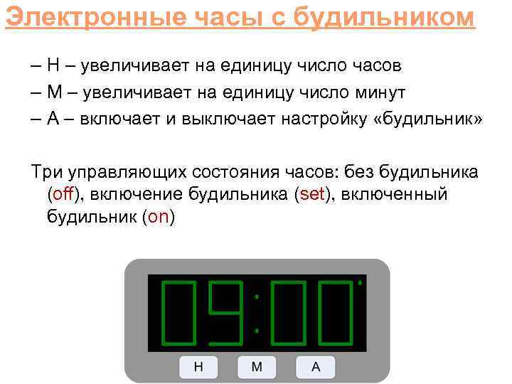 Электронные часы с будильником – H – увеличивает на единицу число часов – M